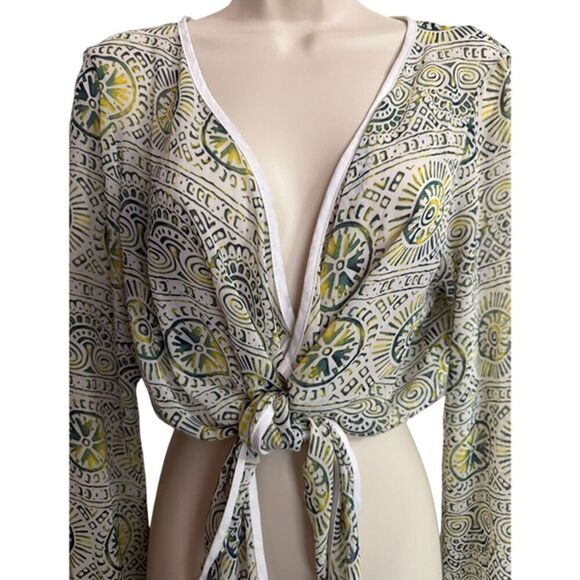 Body Central Sheer Green Graphic Print Tie Open Front Top Size M - Picture 4 of 10